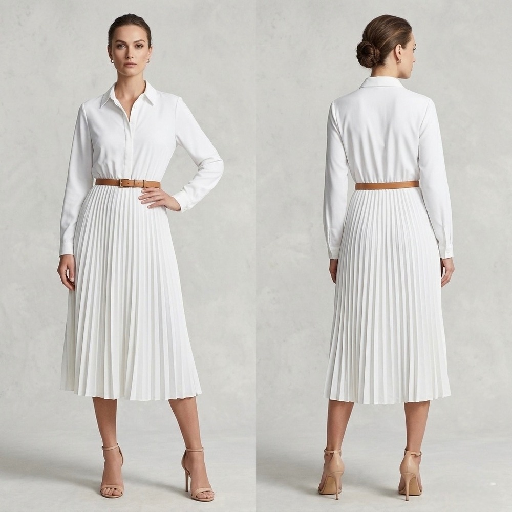 MOTF White Pleated Midi Shirt Dress M Medium Long Sleeve Collared Button Front